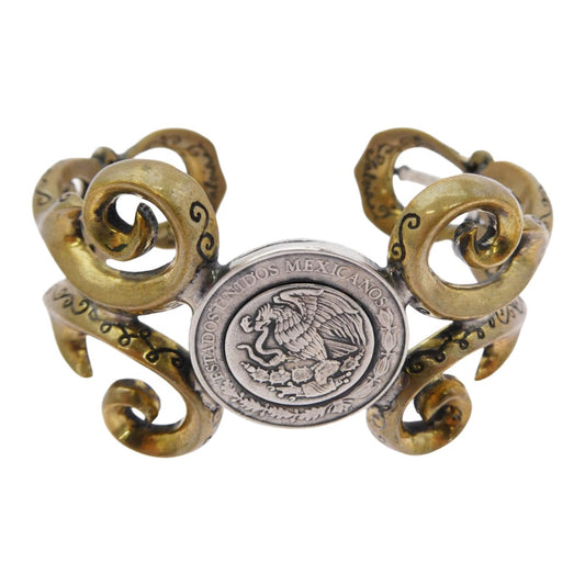 GALCIA ガルシア メキシカンコイン クロス シルバー ブラス コンビ バングル ブレスレット ゴールド系 シルバー系【中古】