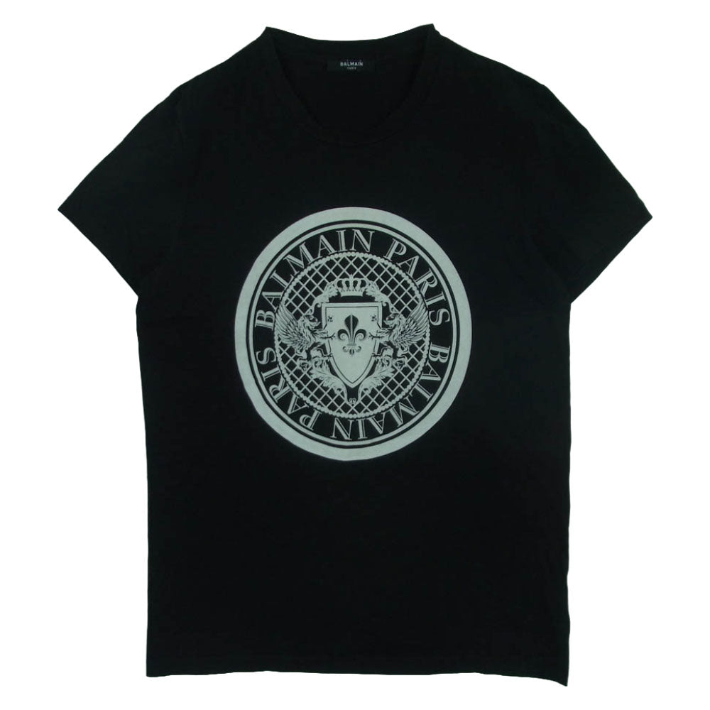 BALMAIN バルマン メダリオンロゴ フロッキープリント 半袖 Tシャツ ポルトガル製 ブラック系 M【中古】