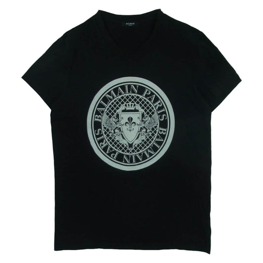 BALMAIN バルマン メダリオンロゴ フロッキープリント 半袖 Tシャツ ポルトガル製 ブラック系 M【中古】