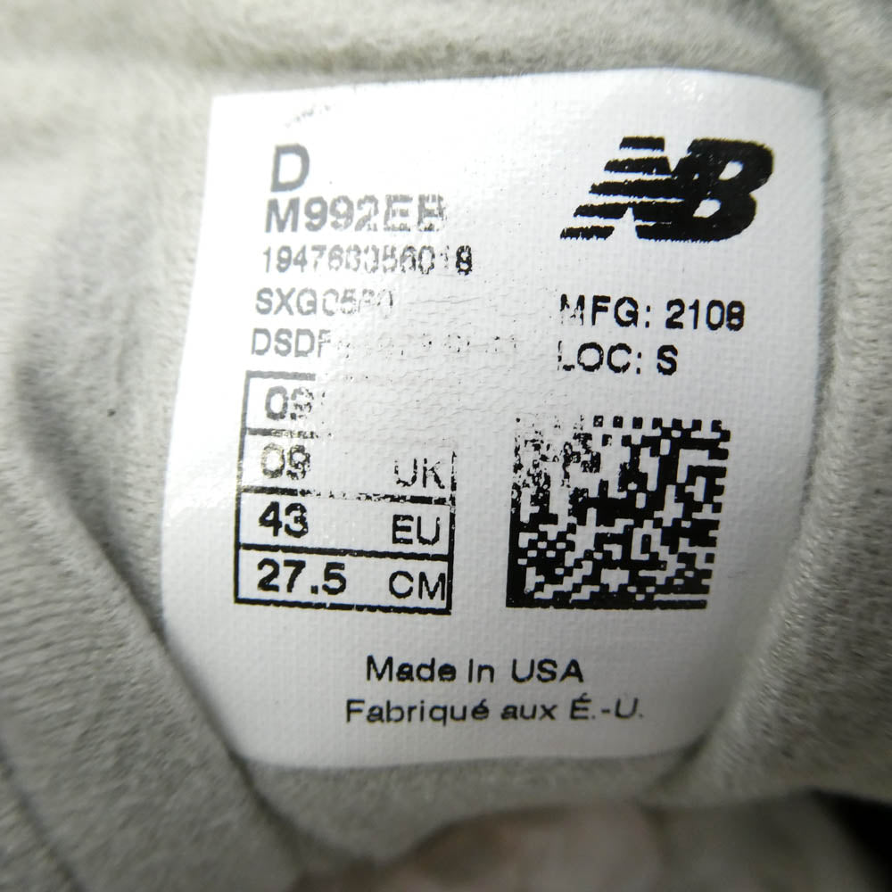 NEW BALANCE ニューバランス M992EB Made in USA 21年製 992 Black スエード メッシュ スニーカー ブラック系 27.5cm【中古】