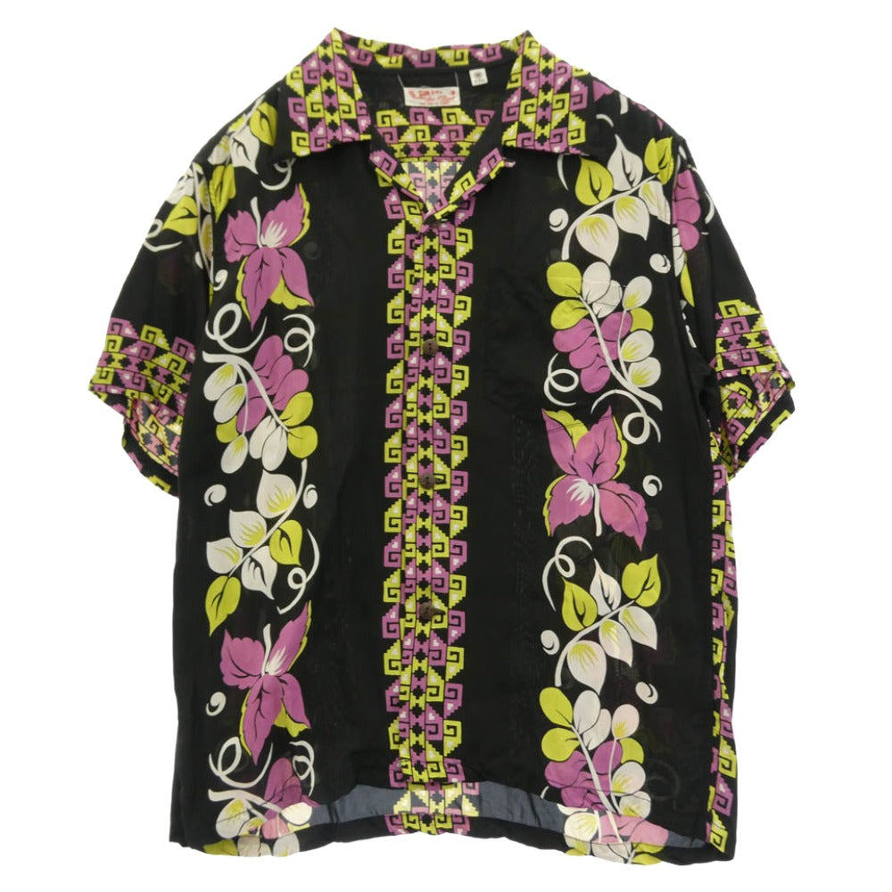 SUN SURF サンサーフ SS38568 RAYON HAWAIIAN SHIRT POLYNESIAN BORDER レーヨン ハワイアン オープンカラー 開襟 半袖 シャツ ブラック系 マルチカラー系 M【美品】【中古】