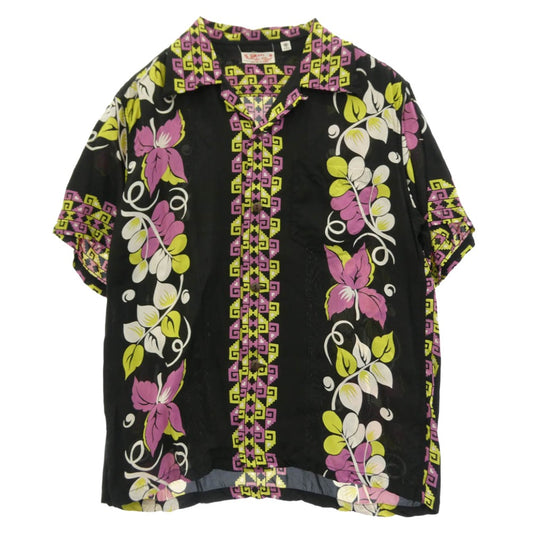 SUN SURF サンサーフ SS38568 RAYON HAWAIIAN SHIRT POLYNESIAN BORDER レーヨン ハワイアン オープンカラー 開襟 半袖 シャツ ブラック系 マルチカラー系 M【美品】【中古】