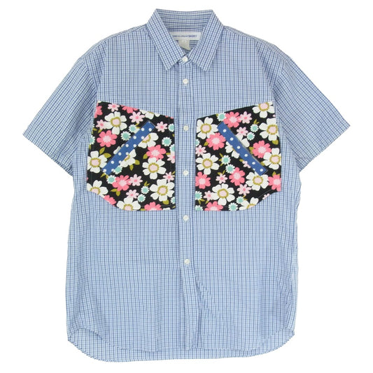 COMME des GARCONS コムデギャルソン S22056 SHIRT シャツ パッチワーク ダブルフロントポケット チェック 花柄切替 半袖 シャツ ブルー系 M【中古】