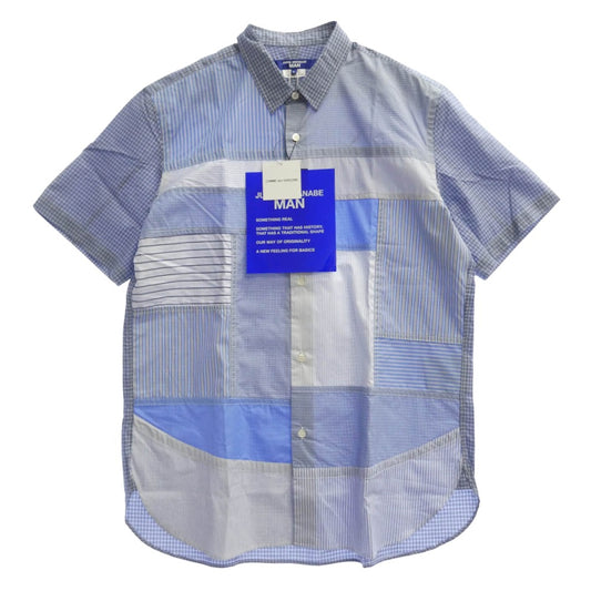 JUNYA WATANABE COMME des GARCONS MAN ジュンヤワタナベコムデギャルソンマン 24SS WM-B015 AD2023 パッチワーク ストライプ チェック 切替 半袖 シャツ ブルー系 L【極上美品】【中古】