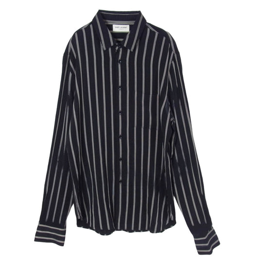 SAINT LAURENT サンローラン 20AW 621595 Y1B23 ストライプ シルク 長袖 シャツ ブラック系 39【中古】