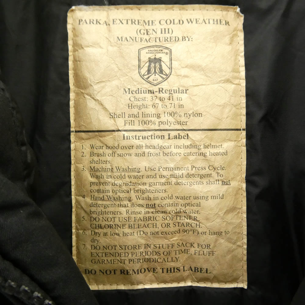 ブルックリンアームドフォース U.S.TYPE ECWCS GEN3 LEVEL7 PARKA 民間用 エクワックス レベル7 プリマロフト ジャケット ブラック ブラック系 M【中古】