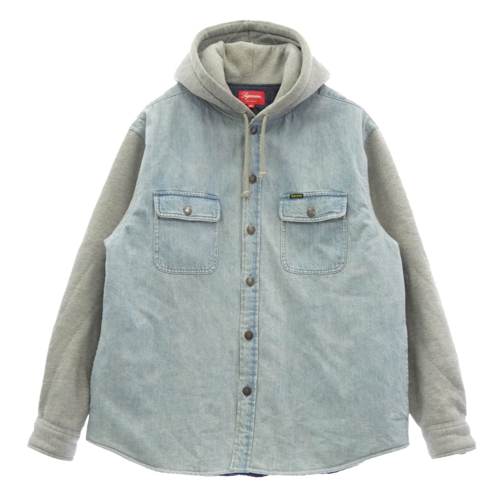 Supreme シュプリーム 22AW Fleece Hooded デニムシャツ フード付 スウェットコンビ 裏地キルティング ジャケット グレー系 インディゴブルー系 M【中古】