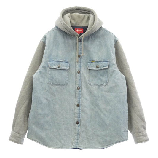 Supreme シュプリーム 22AW Fleece Hooded デニムシャツ フード付 スウェットコンビ 裏地キルティング ジャケット グレー系 インディゴブルー系 M【中古】