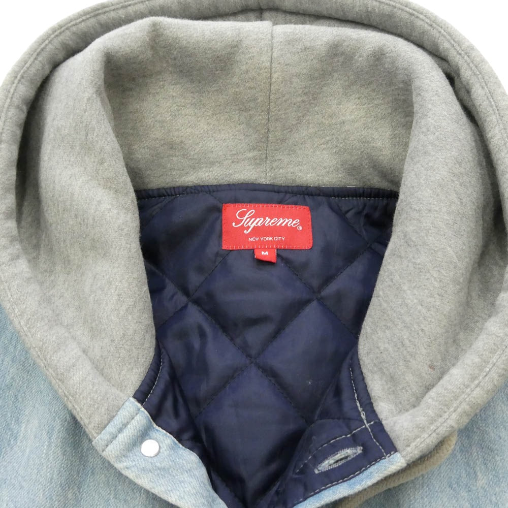 Supreme シュプリーム 22AW Fleece Hooded デニムシャツ フード付 スウェットコンビ 裏地キルティング ジャケット グレー系 インディゴブルー系 M【中古】