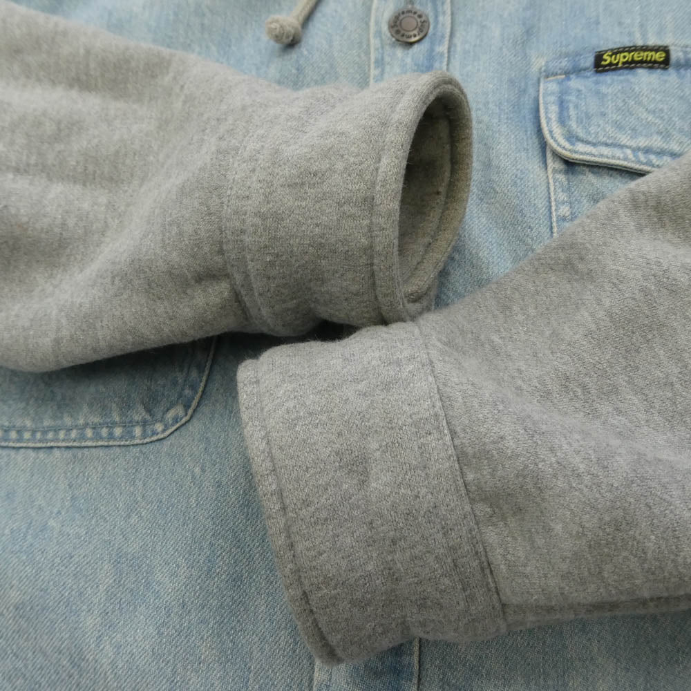 Supreme シュプリーム 22AW Fleece Hooded デニムシャツ フード付 スウェットコンビ 裏地キルティング ジャケット グレー系 インディゴブルー系 M【中古】
