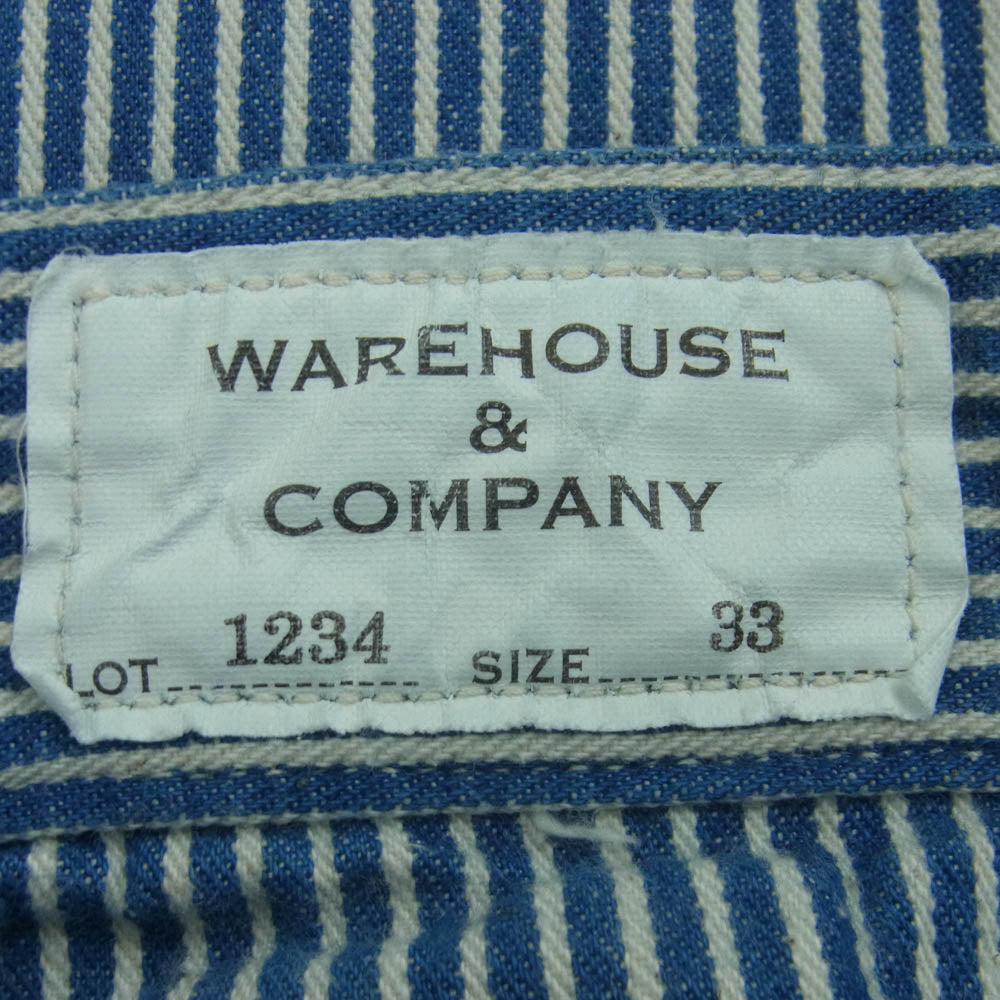 WAREHOUSE ウエアハウス 1234 1920's FREE LAND WAIST OVERALL ヒッコリー ウエストボタン ワーク パンツ インディゴブルー系 ホワイト系 33【中古】