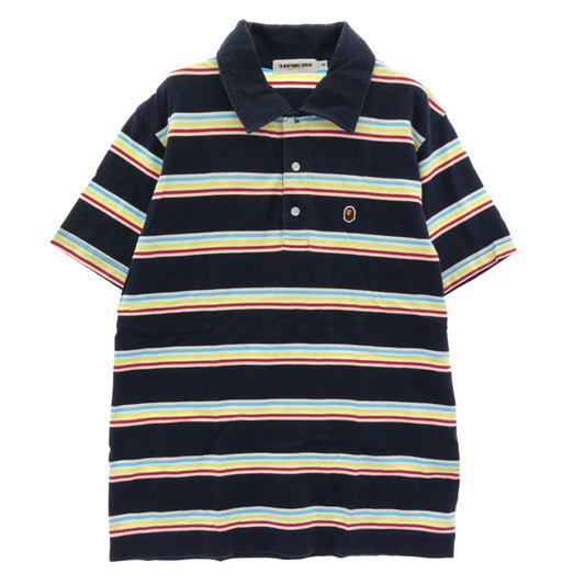 A BATHING APE アベイシングエイプ ボーダー フェイスパッチ 半袖 ポロシャツ ネイビー系 マルチカラー系 M【中古】