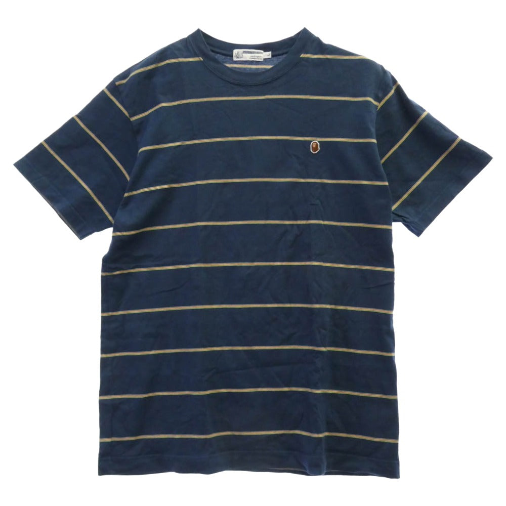 A BATHING APE アベイシングエイプ 猿ロゴパッチ ボーダー 半袖 Tシャツ ダークネイビー系 L【中古】