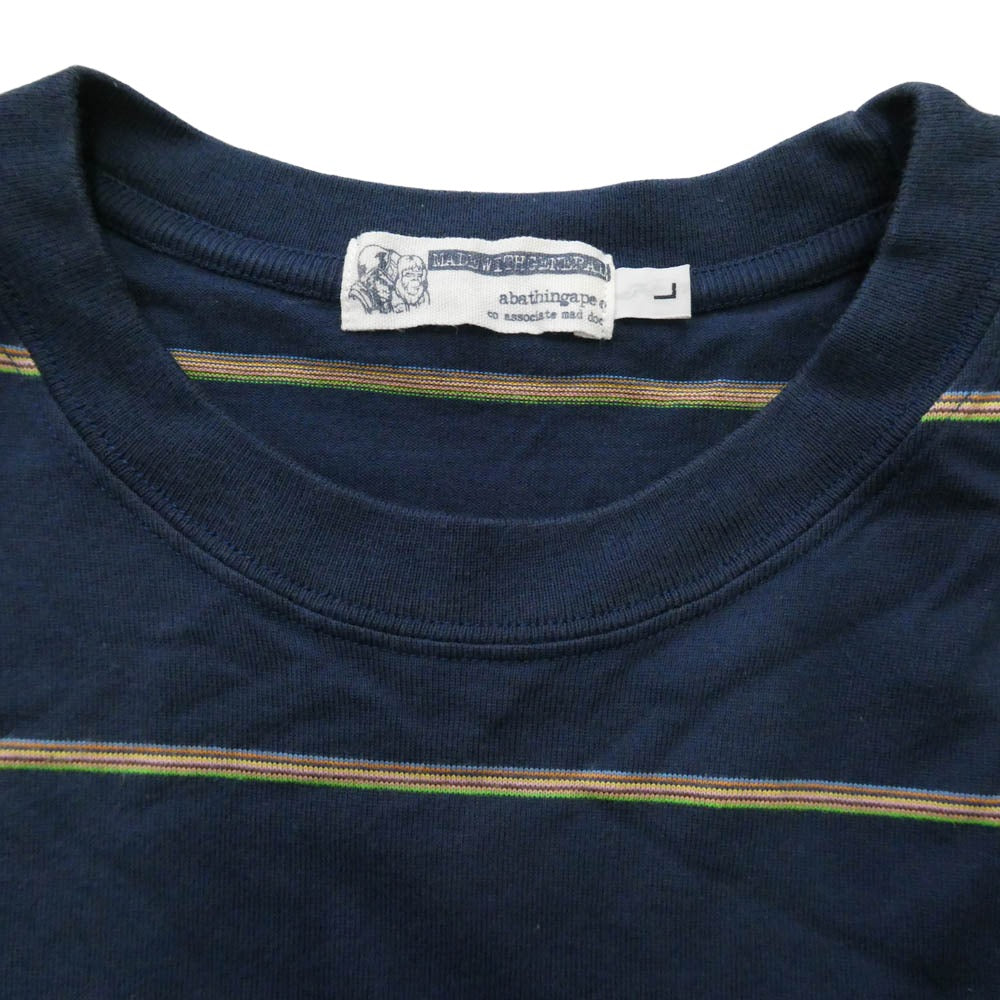 A BATHING APE アベイシングエイプ 猿ロゴパッチ ボーダー 半袖 Tシャツ ダークネイビー系 L【中古】