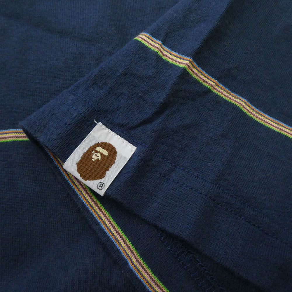 A BATHING APE アベイシングエイプ 猿ロゴパッチ ボーダー 半袖 Tシャツ ダークネイビー系 L【中古】