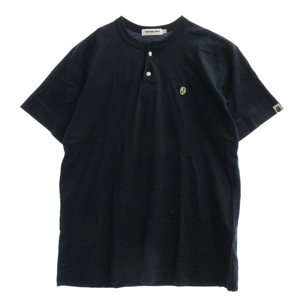 A BATHING APE アベイシングエイプ 猿カモフェイスパッチ ヘンリーネック 半袖 Tシャツ ネイビー系 L【中古】