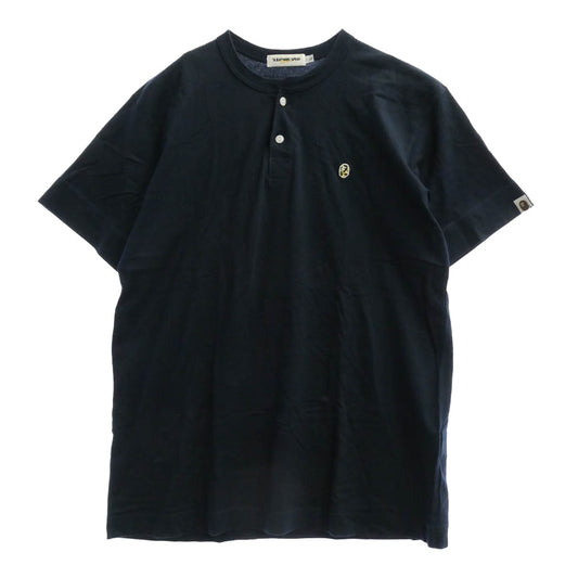 A BATHING APE アベイシングエイプ 猿カモフェイスパッチ ヘンリーネック 半袖 Tシャツ ネイビー系 L【中古】