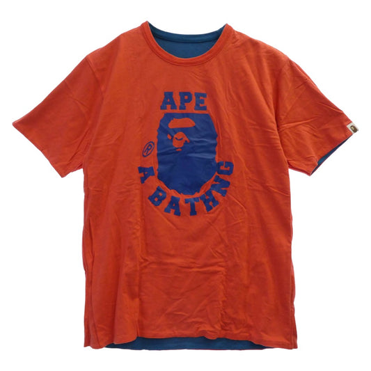 A BATHING APE アベイシングエイプ ダブルフェイス フェイスパッチ クルーネック 半袖 Tシャツ エンジ系【中古】