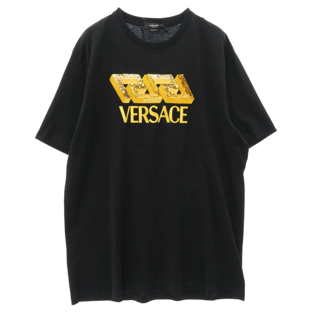 VERSACE ヴェルサーチ スパンコール ロゴ刺繍 半袖 Tシャツ カットソー ブラック系 ゴールド系 3XL【美品】【中古】 VERSACE ヴェルサーチ スパンコール ロゴ刺繍 半袖 Tシャツ カットソー