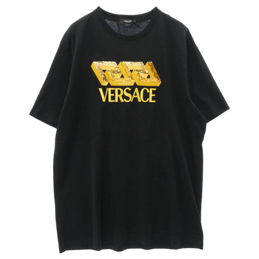 VERSACE ヴェルサーチ スパンコール ロゴ刺繍 半袖 Tシャツ カットソー ブラック系 ゴールド系 3XL【美品】【中古】