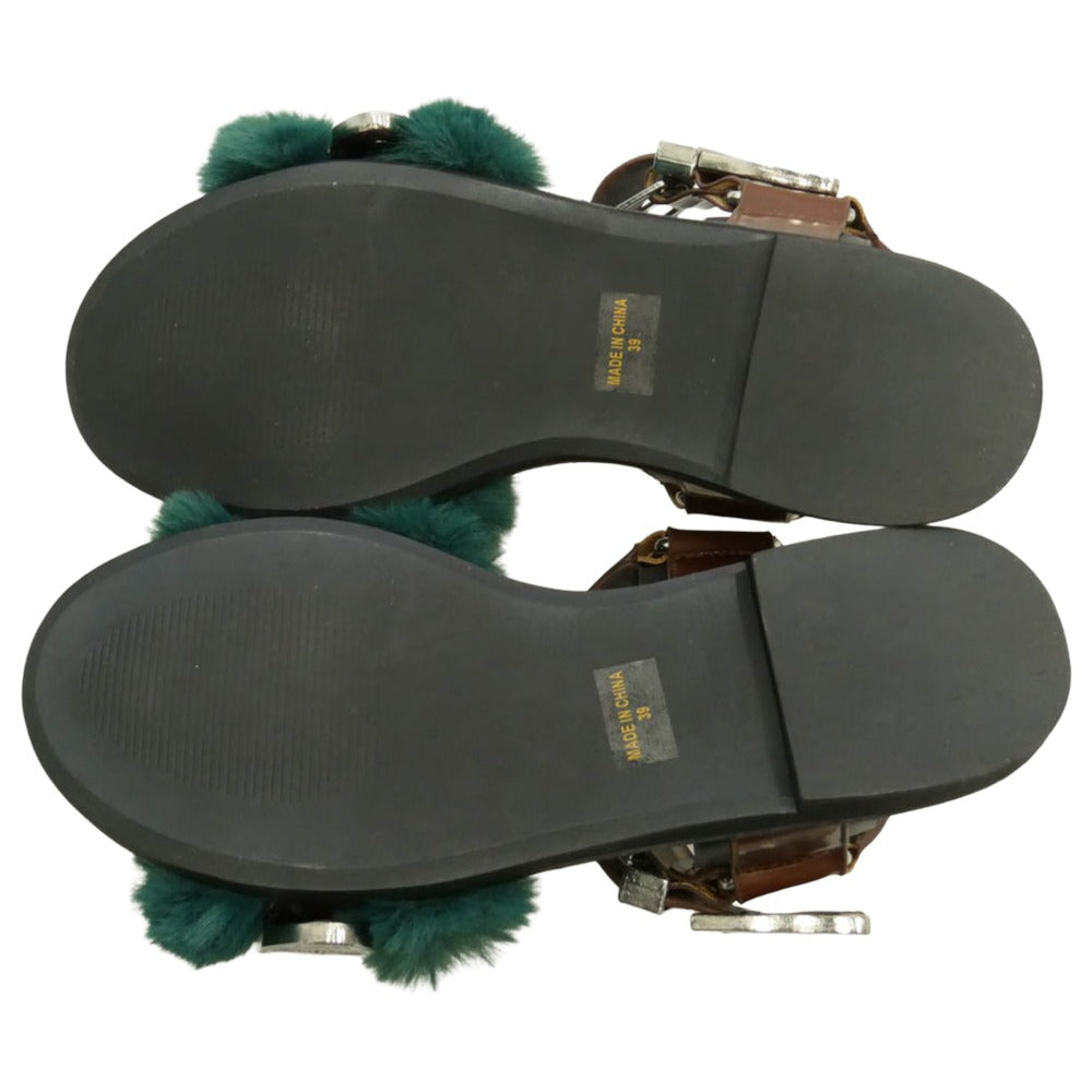 MIHARA YASUHIRO ミハラヤスヒロ ウエスタンストラップ ファー サンダル ブラウン系 グリーン系 39【美品】【中古】