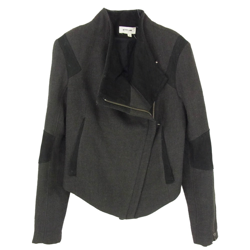 HELMUT LANG ヘルムートラング ウール ラムレザー エルボーパッチ ジップアップ ライダース ジャケット グレー系 P【中古】