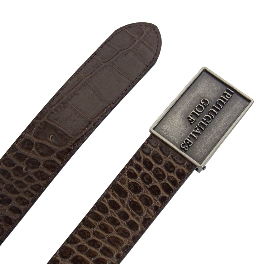 1piu1uguale3 ウノピュウノウグァーレトレ 113 GOLF BUCKLE BELT 型押し ロゴ刺繍 メタルバックル ベルト ダークブラウン系【中古】