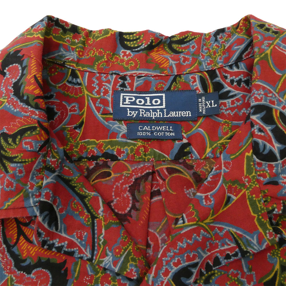 POLO RALPH LAUREN ポロ・ラルフローレン 90s CALDWELL ペイズリー柄 オープンカラー シャツ エンジ系 XL【中古】