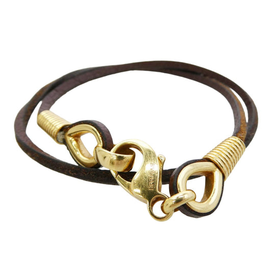BVLGARI ブルガリ 2連 レザー ブレスレット ゴールド系 ブラウン系【中古】