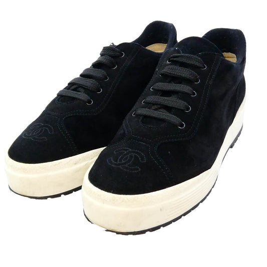 CHANEL シャネル ココマーク レースアップ スエード スニーカー ブラック系 39【中古】