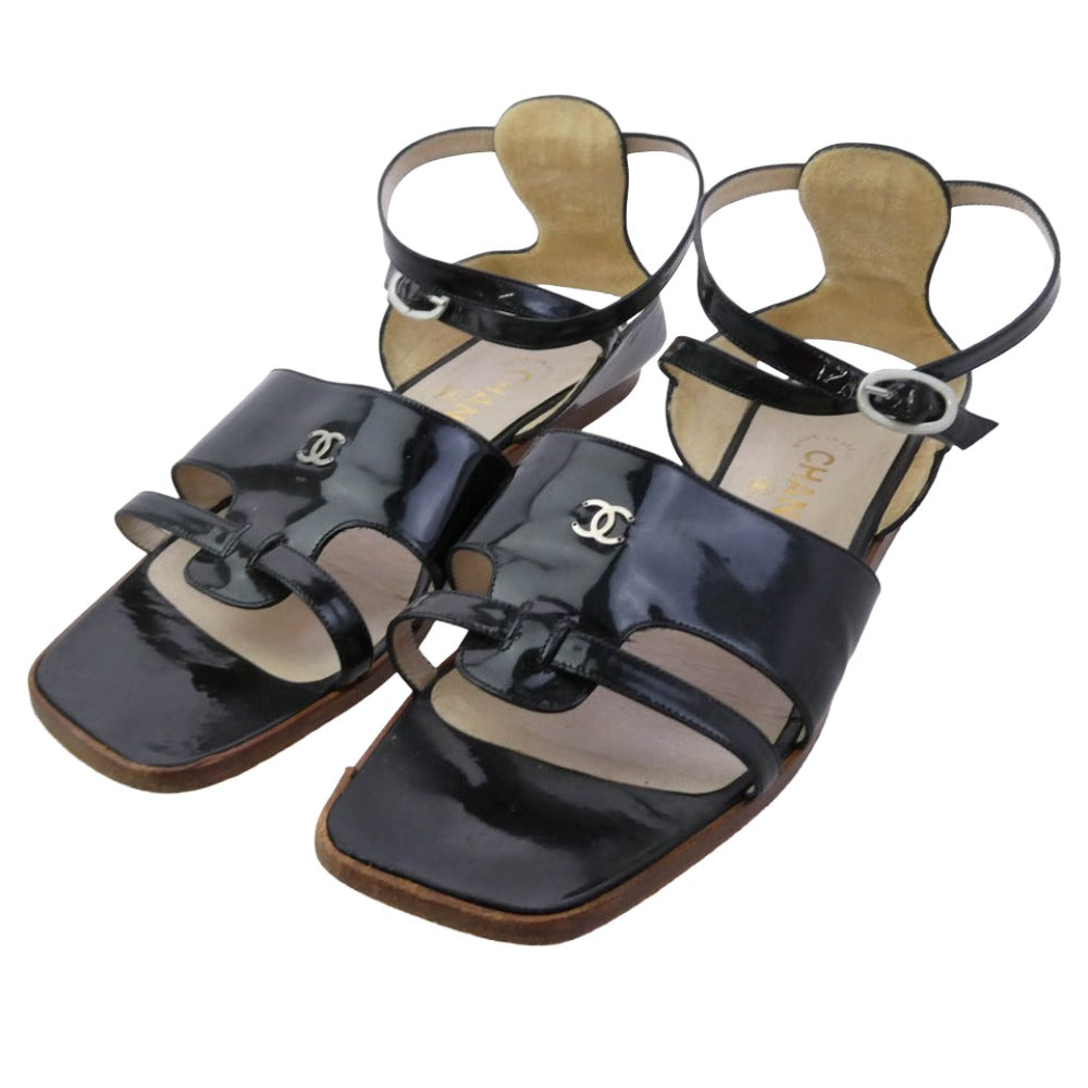 CHANEL シャネル ココマーク ストラップ フラット サンダル ブラック系 39【中古】