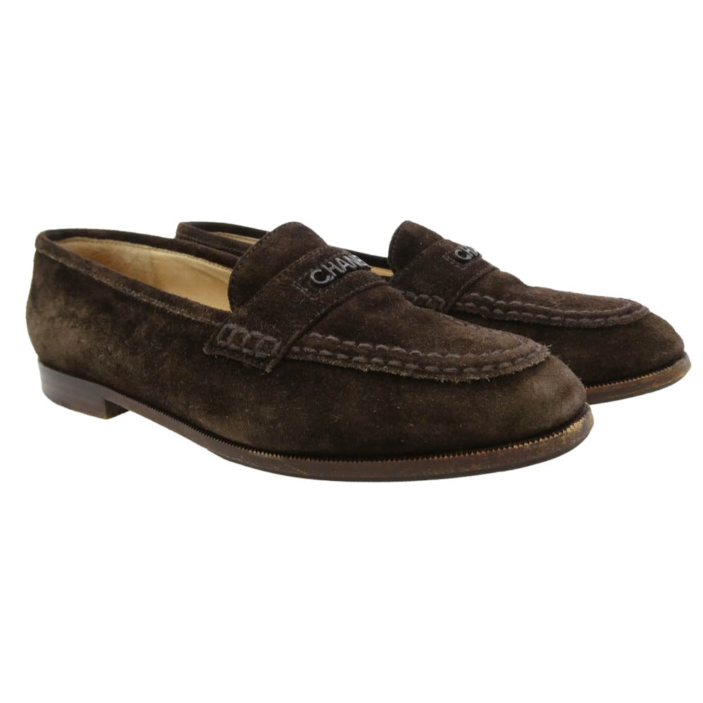 CHANEL シャネル ロゴ スエード ローファー ダークブラウン系 38.5【中古】