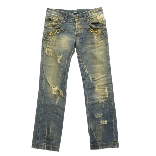 DOLCE&GABBANA ドルチェアンドガッバーナ ダメージ加工 DGメタルビット デニム パンツ ブルー系 46【中古】