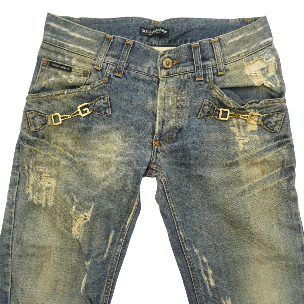 DOLCE&GABBANA ドルチェアンドガッバーナ ダメージ加工 DGメタルビット デニム パンツ ブルー系 46【中古】