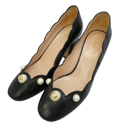GUCCI グッチ 432066 インターロッキングG フェイクパール レザー ヒール パンプス ブラック系 37【中古】