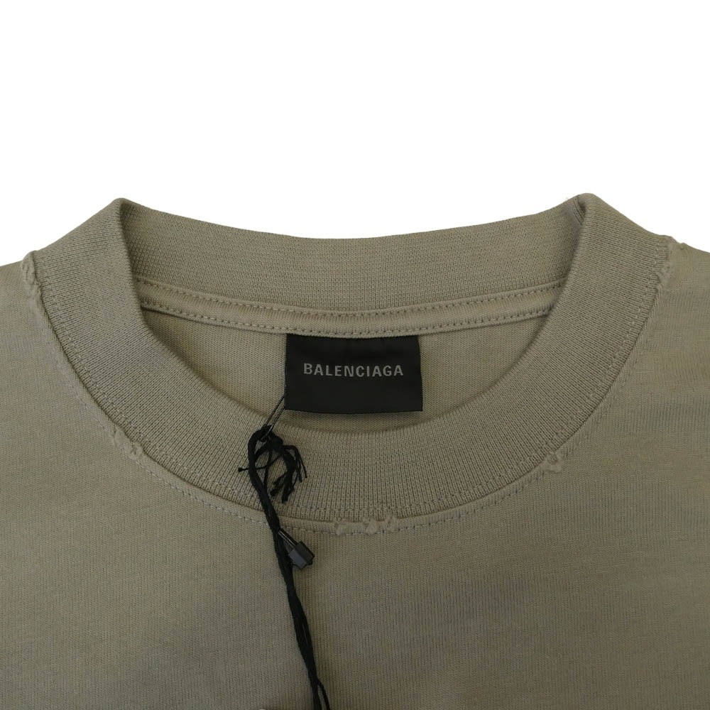 BALENCIAGA バレンシアガ 612966 TOVJ8 ダメージ加工 ロゴプリント 半袖 Tシャツ カットソー カーキ系 XXS【極上美品】【中古】