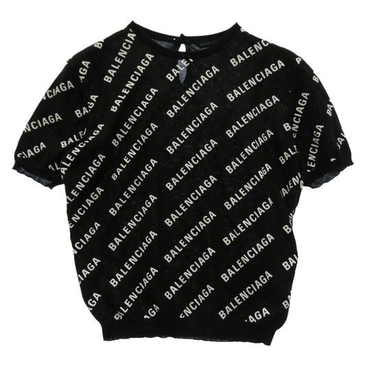 BALENCIAGA バレンシアガ 695449 T3234 Mini Allover Logo Sweater ロゴ総柄 半袖 ニット トップス ブラック系 L【美品】【中古】
