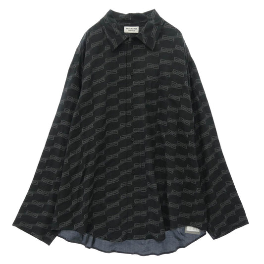 BALENCIAGA バレンシアガ 23SS 681631 TML35 Monogram Logo Printed Pajama Shirt モノグラム ロゴ シルク パジャマ シャツ ブラック系 34【美品】【中古】