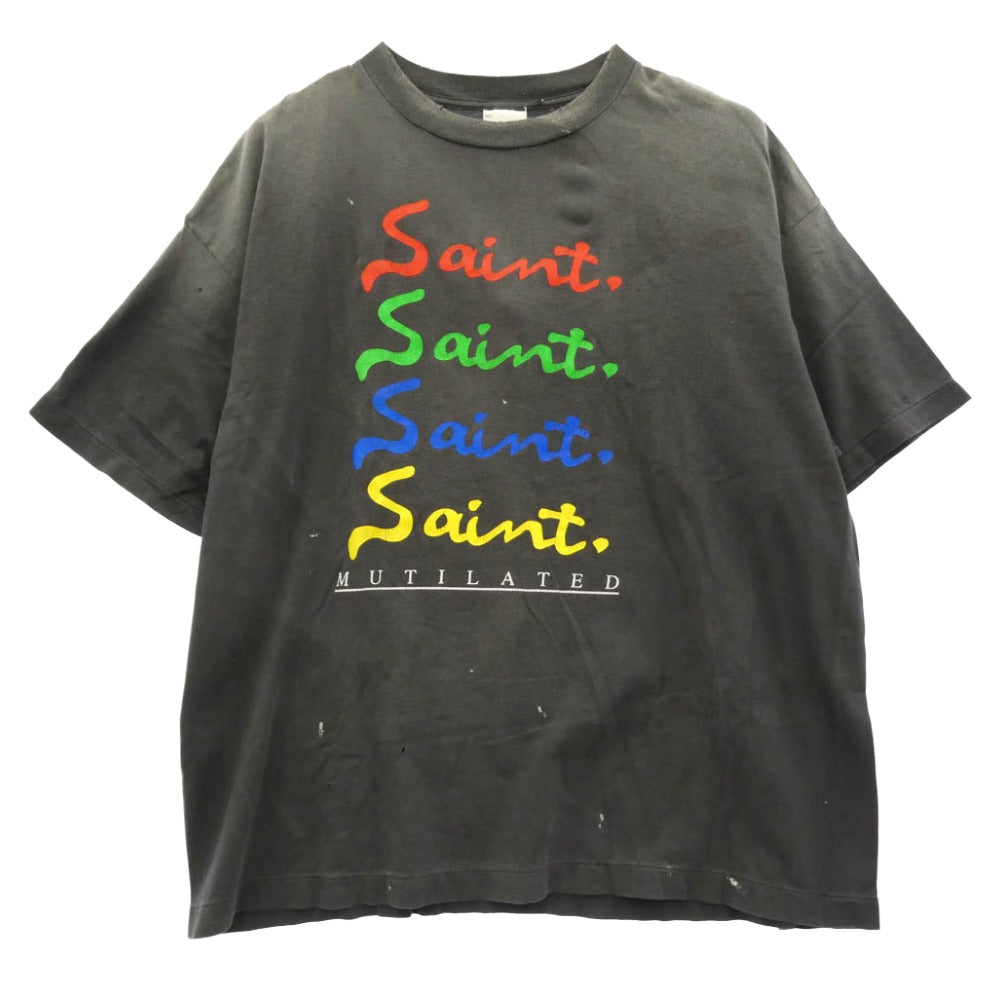 SAINT MICHAEL セントマイケル 25AW SM-HR1-0000-013 MULATED SS TEE マルチカラー ヴィンテージ加工 プリント 半袖 Tシャツ チャコール系 XXL【美品】【中古】