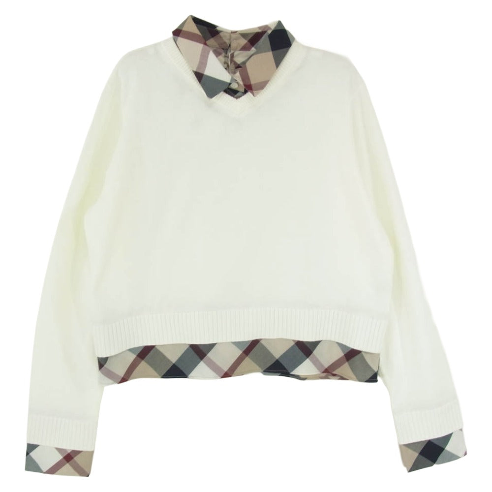 ブルーレーベルクレストブリッジ 55N04-715-01 レイヤード ニット プルオーバー チェック 長袖シャツ ブラウス ホワイト系 38【中古】