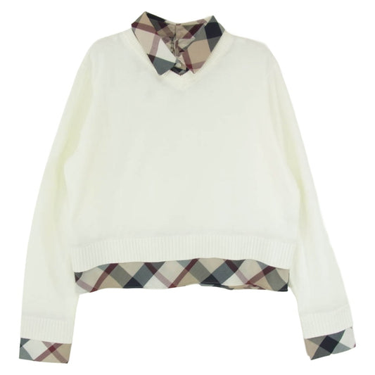 ブルーレーベルクレストブリッジ 55N04-715-01 レイヤード ニット プルオーバー チェック 長袖シャツ ブラウス ホワイト系 38【中古】