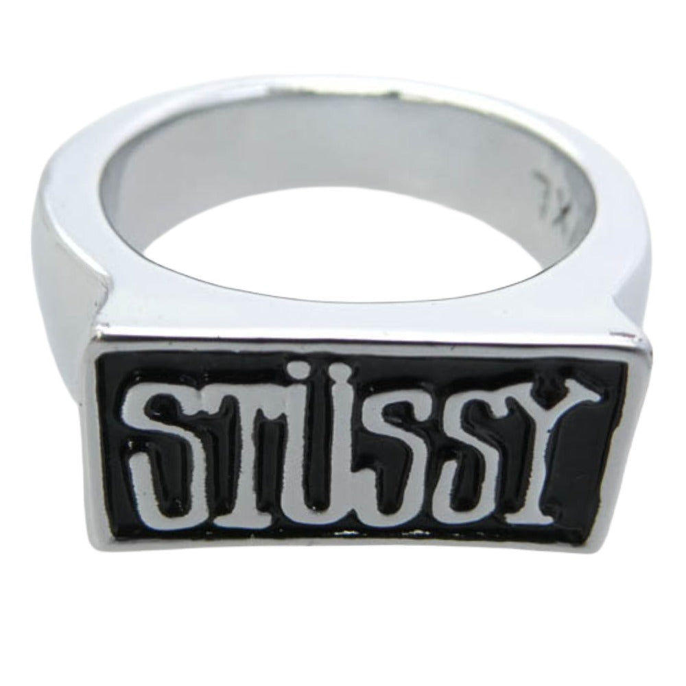 STUSSY ステューシー オールド Box logo Ring ボックス ロゴ 指輪 リング L/XL シルバー系 ブラック系 17.5号【美品】【中古】