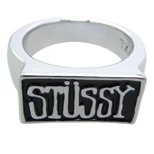STUSSY ステューシー オールド Box logo Ring ボックス ロゴ 指輪 リング L/XL シルバー系 ブラック系 17.5号【美品】【中古】