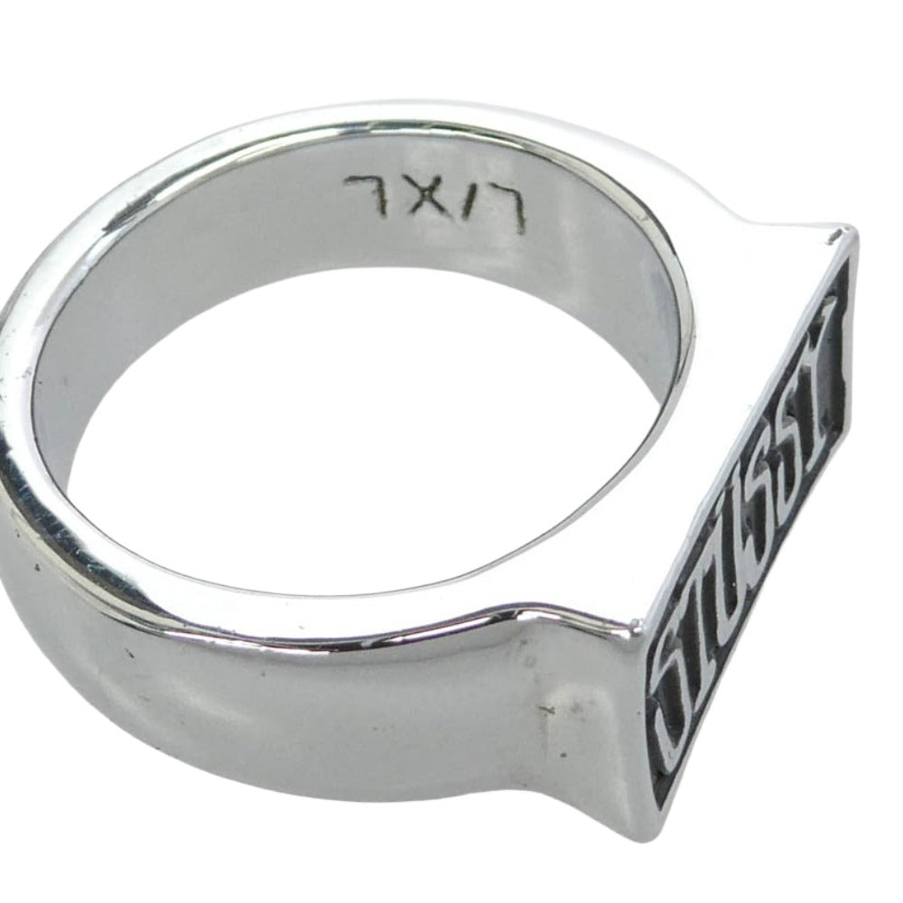 STUSSY ステューシー オールド Box logo Ring ボックス ロゴ 指輪 リング L/XL シルバー系 ブラック系 17.5号【美品】【中古】