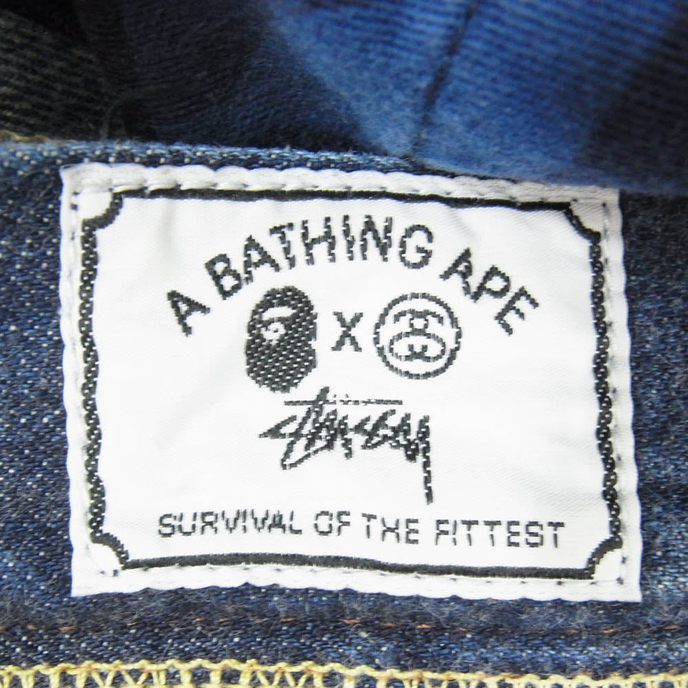 A BATHING APE アベイシングエイプ STUSSY ステューシー 30周年記念 モデル APE FACE SSリンク 刺繍 デニム パンツ インディゴブルー系 S【中古】