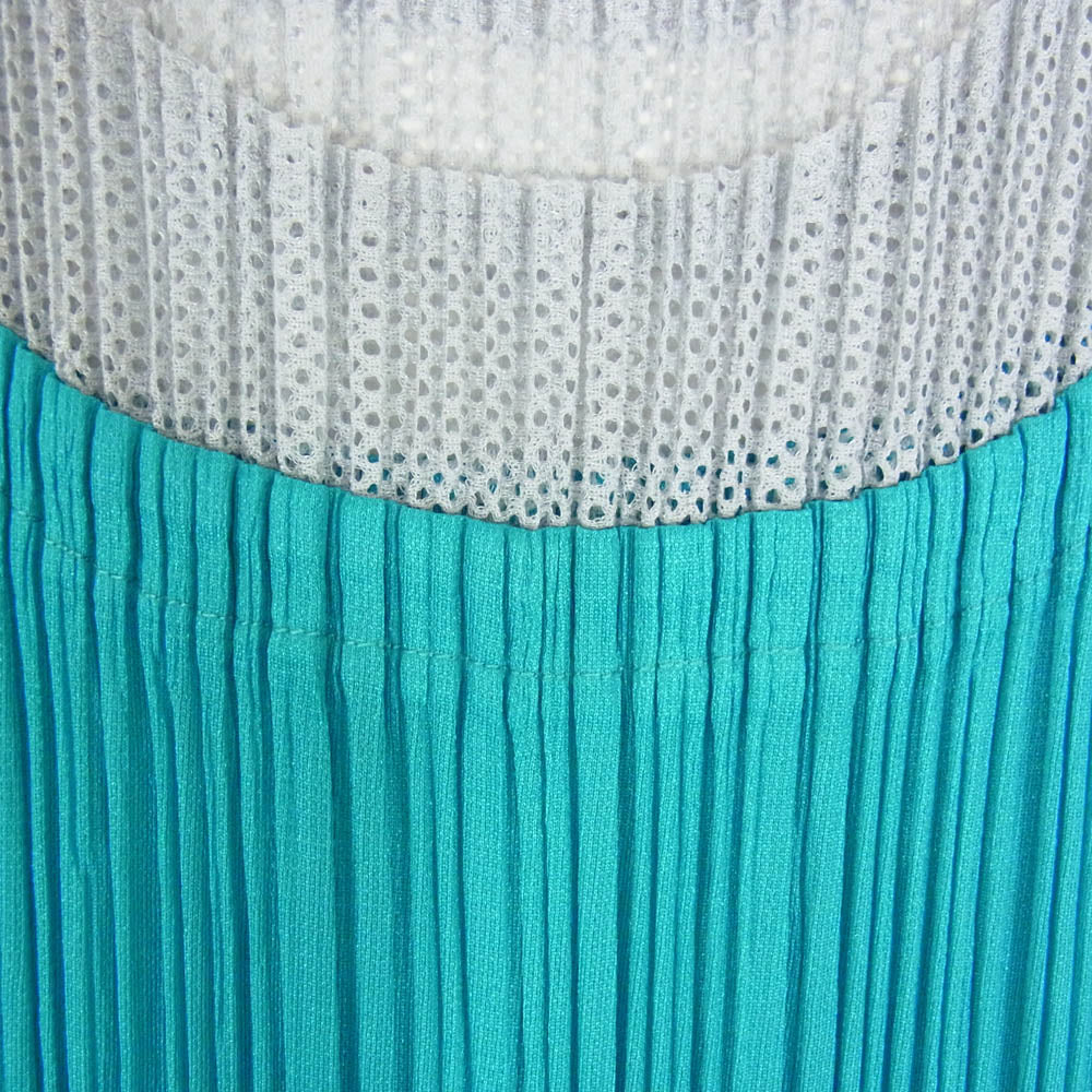 PLEATS PLEASE プリーツプリーズ イッセイミヤケ PP51-JH556 プリーツ加工 プリーツ フレンチスリーブ メッシュ ドッキング ワンピース マキシ丈 グリーン系 2【中古】