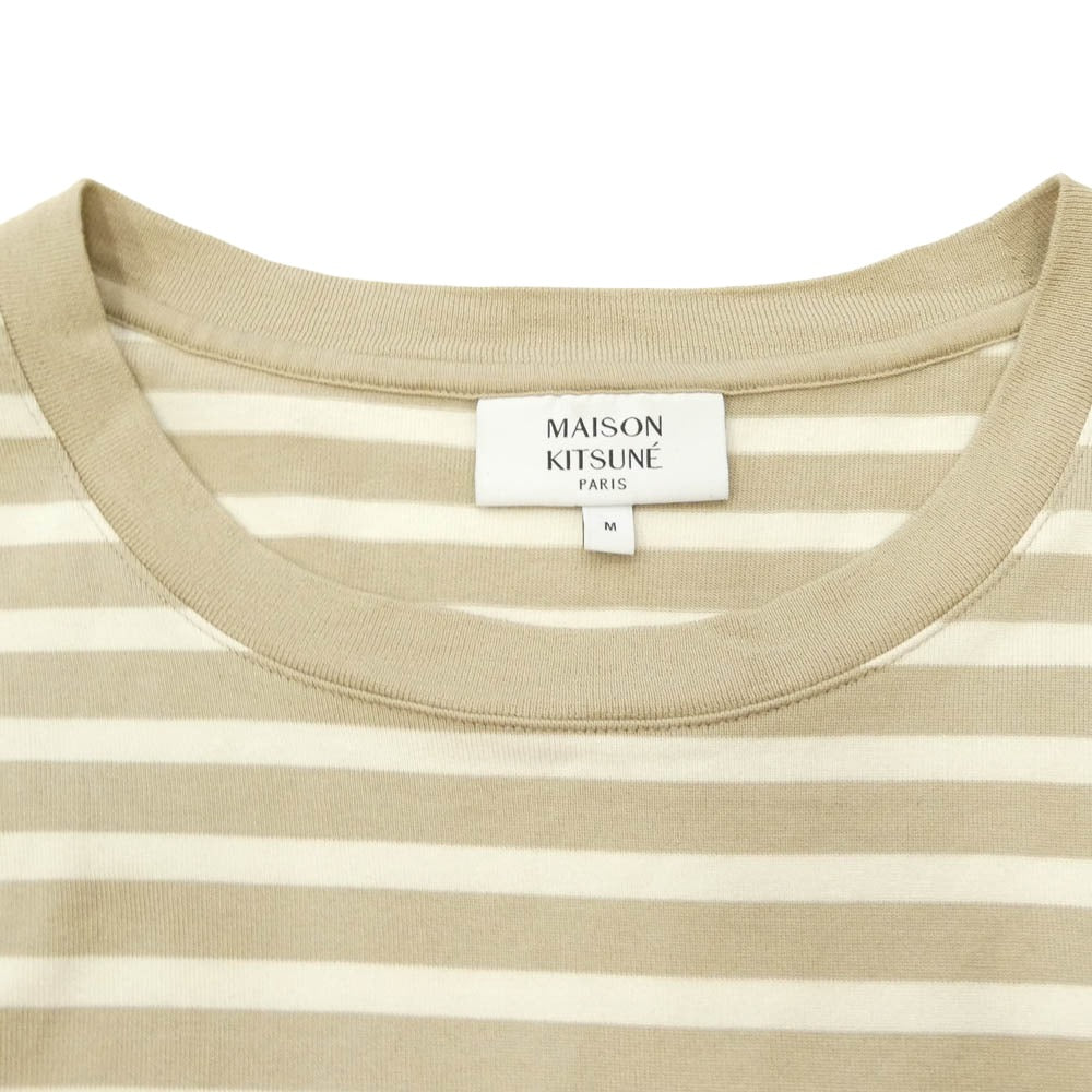 MAISON KITSUNE メゾンキツネ PM00122KJ0044 Fox Head Striped Long Sleeve T-Shirt ワンポイント 刺繍 ボーダー カットソー ベージュ系 M【中古】