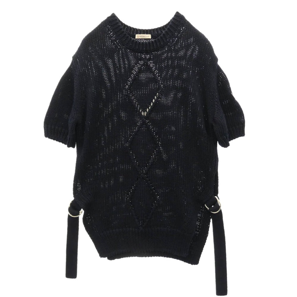 MONCLER モンクレール I10939C00015 M1676 GIROCOLLO ベルテッド クルーネック 半袖 ニット セーター ネイビー系 S【中古】