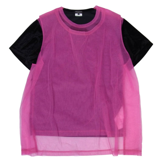 COMME des GARCONS HOMME PLUS コムデギャルソンオムプリュス 25SS PO-T028 へロア メッシュ 切替 チュール レイヤード 半袖 Tシャツ カットソー ブラック系 ピンク系 M【中古】