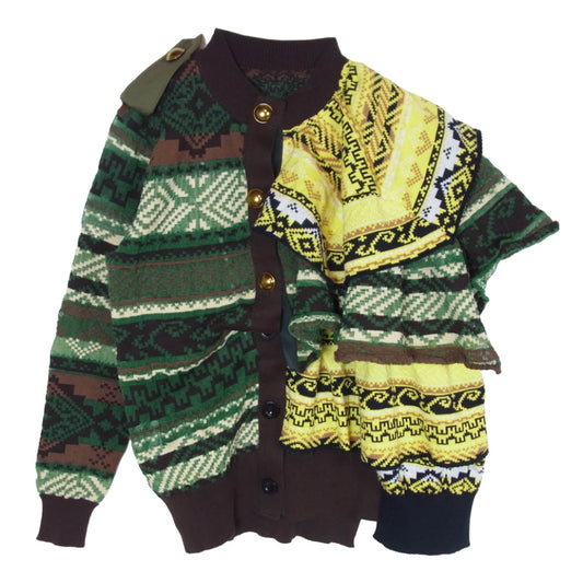 Sacai サカイ 19-04432 金釦 デザイン クルーネック カーディガン グリーン系 1【中古】